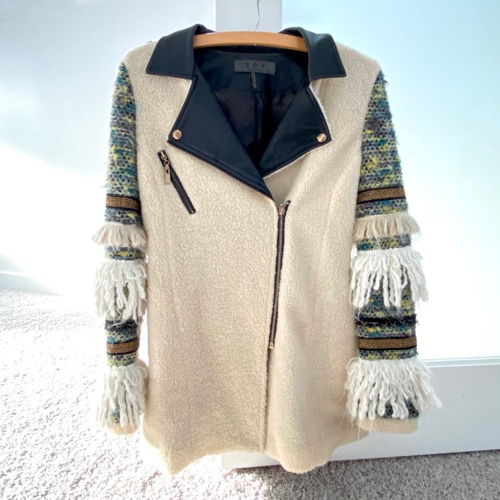 TOV Fuax Shearling & Fringe Statement Jacket